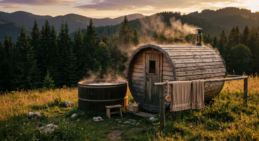 Sauna finlandeză și butoiul cu apă rece din pârâu